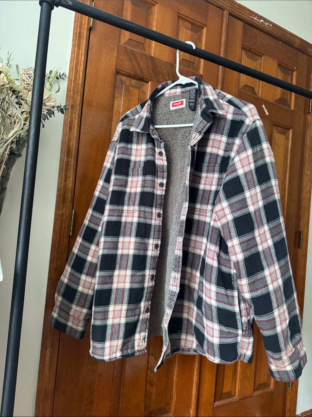Wrangler Black, White & Red Plaid Sherpa-Lined Jean Jacket